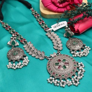 Oxidized Silver Plated Statement Necklace and Earrings Set with Green and Red Stone Embellishments