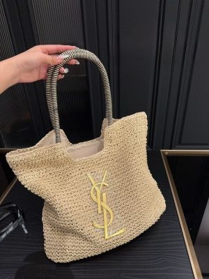 YSL Saint Laurent ICare Raffia Jute Tote Bag With OG Box & Dust Bag (Beige - 992)
