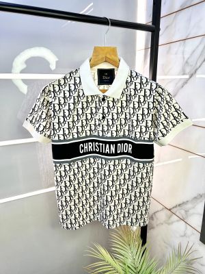 Christian Dio r Imported White Monogram Print Premium Collar Neck Polo T-shirt F2305-WH