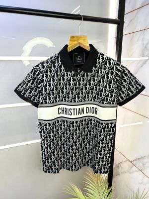 Christian Dio r Imported Black Monogram Print Premium Collar Neck Polo T-shirt F2305-BL