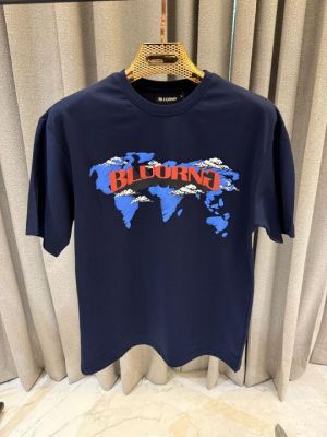 SALE BLUORNG World Map Print Round Neck T-shirt Navy