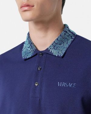 Versace Inkblue Premium Cotton Lycra Pique fabric Polo Tshirt with Collar Design and Embroidered Logo 2887