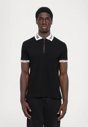 Versace Black Premium Cotton Lycra Pique fabric Polo Tshirt with Collar Design and Zip Style 2893