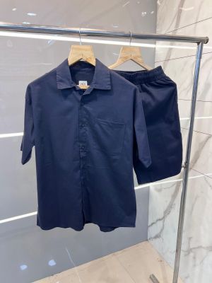 Zar a Navy Premium Imported Cotton Lycra Fabric Cuban Collar Cord Set with Carry Bag 2343