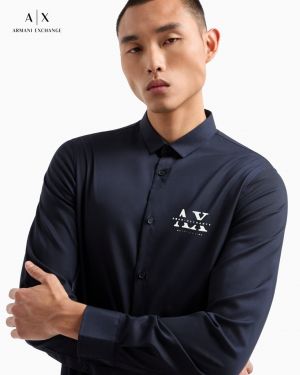 Arman i Exchange Navy Premium Emboss Logo 100% Giza Cotton Fabric Shirt With custom Branded Button Tagging And Brand Packing 2964