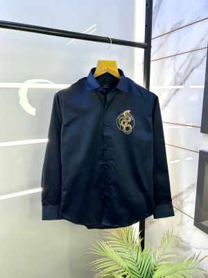 Arman_i Exchange Snake Logo Print Navy Premium Shirt With Brand Box Packing And Carry Bag F2602-NY