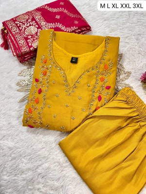 Premium Roman Silk Kurti with Handwork Pant & Heavy Jacquard Dupatta  Elegant Ethnic Set  Sizes M to 3XL Premium Roman Silk Kurti with Handwork Pant & Heavy Jacquard Dupatta  Elegant Ethnic Set  Sizes M to 3XL
