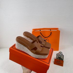Hermes Brown Oran Wedge Platform Sandal  Heel With OG Box & Carry Bag Brown Leather 