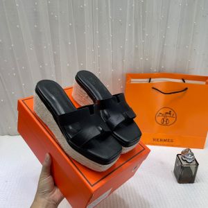 Hermes Black Oran Wedge Platform Sandal  Heel With OG Box & Carry Bag Black Leather