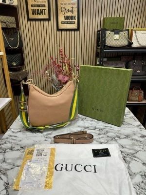 GUCC_I ATTACHE LEATHER LARGE SHOULDER BAG WITH BOX AND DUST BAG (APRICOT) (S18)
