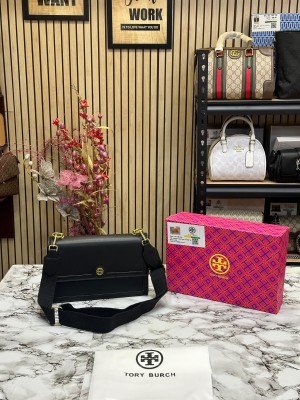 TOR_Y BURCH T MONOGRAM JACQUARD ADJUSTABLE STRAP WITH OG BOX DUST BAG (BLACK) DAMAGE BOX