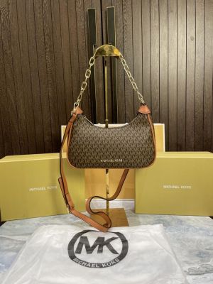 Michael-Michael-Kors Cora Medium Signature PVC Zip Pouchette Crossbody Bag Brown with box & carry bag 69