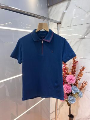 Tommy Hilfige R Black Premium Cotton Pique fabric Polo Tshirt with Collar Design and Embroidered Logo Zip Style 3077