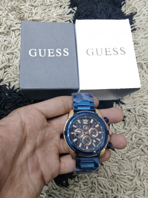 GC GUESS COLLECTION TACHYMETER MODEL2603 UNIQUE DESIGN STAINLESS STEEL BLUE CHAIN BRACELET BLACK ROSE GOLD DIAL ANALOG CHRONOGRAPH QUARTZ MOVEMENT ALL WORKING WATCH
