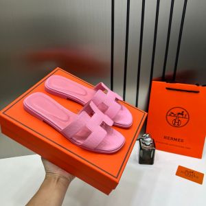 Hermes Paris Oran Flats For Her With OG Box & Carry Bag Pink Slide H38