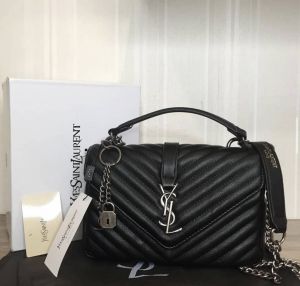 YSL SAINT LAURENT Grain De Poudre Matelasse Chevron Medium Monogram Satchel Black with box 5503 YSL SAINT LAURENT Grain De Poudre Matelasse Chevron Medium Monogram Satchel Black with box 5503