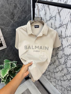 BALMAIN.PARIS.IMPORTED.FRONT.PRINTED.PREMIUM.BRAND.SERIES.COTTON.LYCRA.FABRIC.POLO.NECK.TSHIRT.