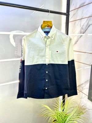 Tommy_Hilfiger White-navy Oxford Lycra Premium Printed Shirts F2734-WN