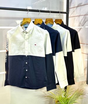 Tommy_Hilfiger White-navy Oxford Lycra Premium Printed Shirts F2734-WN