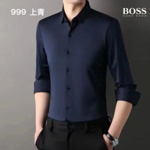 Boss Navy Blue Satin Lycra Cotton Imported Shirt