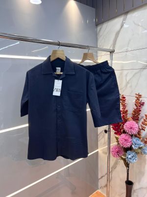 Zar a Navy Premium Imported Cotton Lycra Fabric Cuban Collar Cord Set with Carry Bag 2343