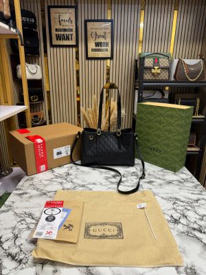 Gucc_i GG Emblem Embossed Large Tote Bag With Double Og Box And Dust Bag (Black) 