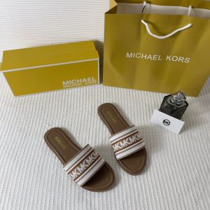 Michael_Kors_MK_Sadler_Slide_Flats_Brown_Monogram_Fabric_Strap_With_OG_Box_235-M6_Brown