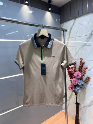 Hugo Bos s Beige Premium 240 gsm interlock cotton fabric Polo Tshirt with Collar Design and Emboss Logo Zip Style 3175