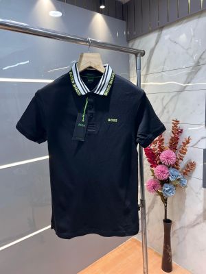 Hugo Bos s Black Premium 240 gsm interlock cotton fabric Polo Tshirt with Collar Design and Emboss Logo 3176