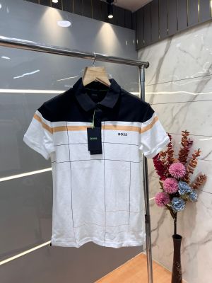 Hugo Bos s Black and White Premium 240 gsm interlock cotton fabric Polo Tshirt with Front Design and Emboss Logo 3174