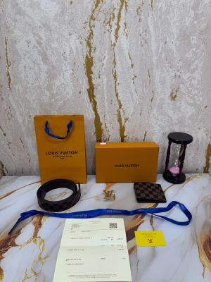 LOUIS_VUITTON BROWN CHECKS PREMIUM BELT & WALLET COMBO WITH OG MAGNATIC BOX DUST BAG CARRY BAG L63