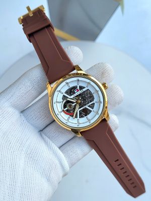 Tommy_Hilfiger Automatic Silicon Belt Brown Silver White Dial 145