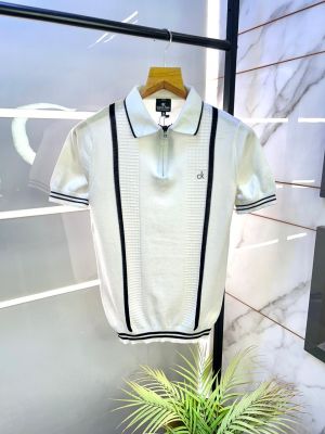 Calvin_Klein Knitted Zipper White Super Premium Collar Neck T-shirt F3135-WH