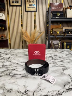 Salvatore_Ferragamo Black Leather Belt With Black And Silver Gancini Buckle Includes Box (M64)