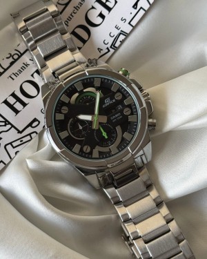 EDIFICE CASIO SILVER CHAIN BLACK DIAL CHRONOGRAPH WATCH