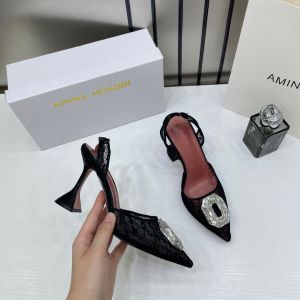 Amina Muaddi Camellia Crystal Embellished Lace SlingBack Black Heels For Women With OG Box 3A141-9