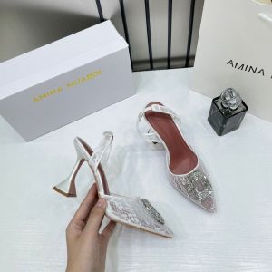 Amina Muaddi Camellia Crystal Embellished Lace SlingBack White Heels For Women With OG Box 3A141-9