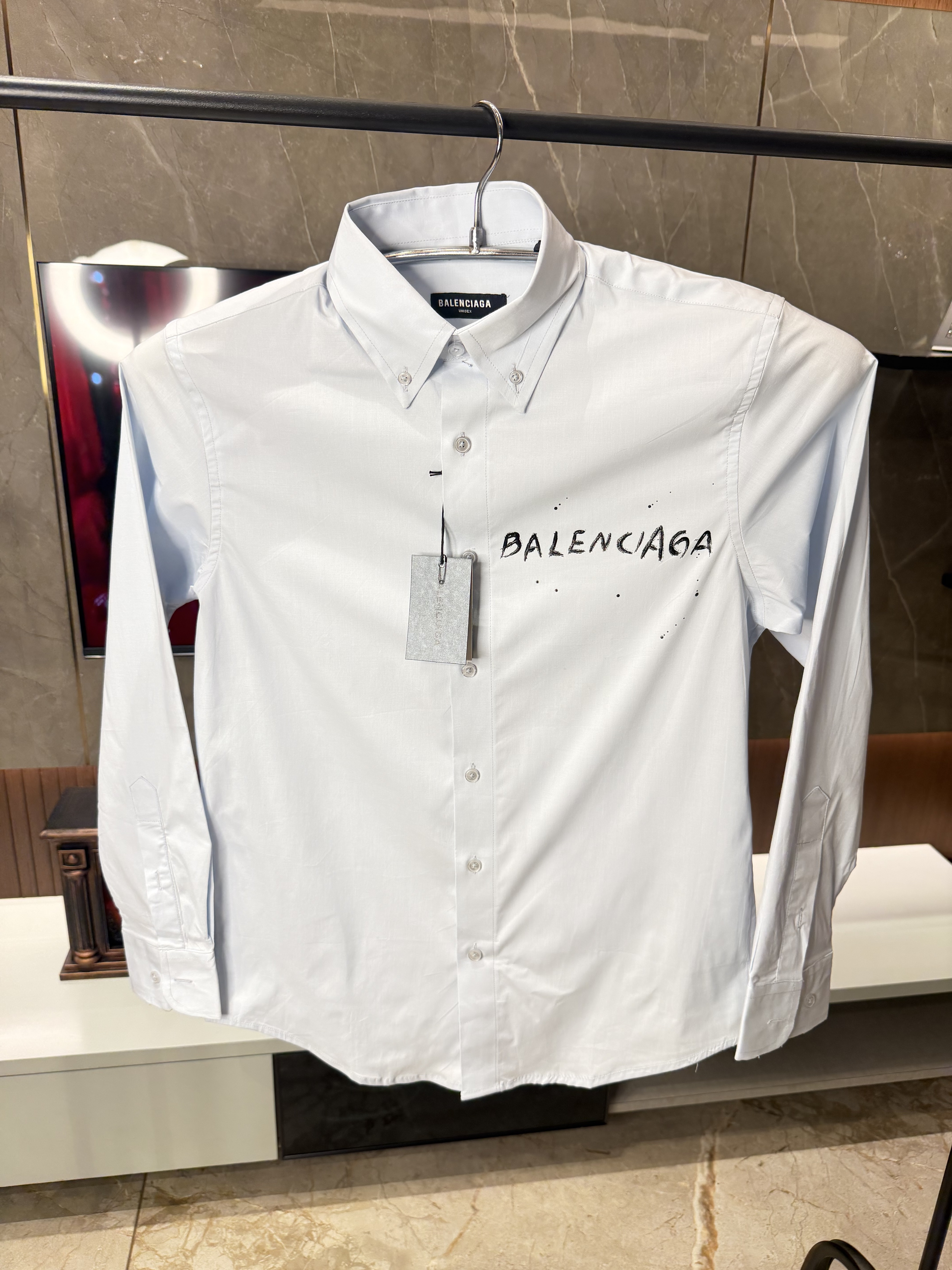 Balenciaga Sky Blue Back printed oxford cotton shirt