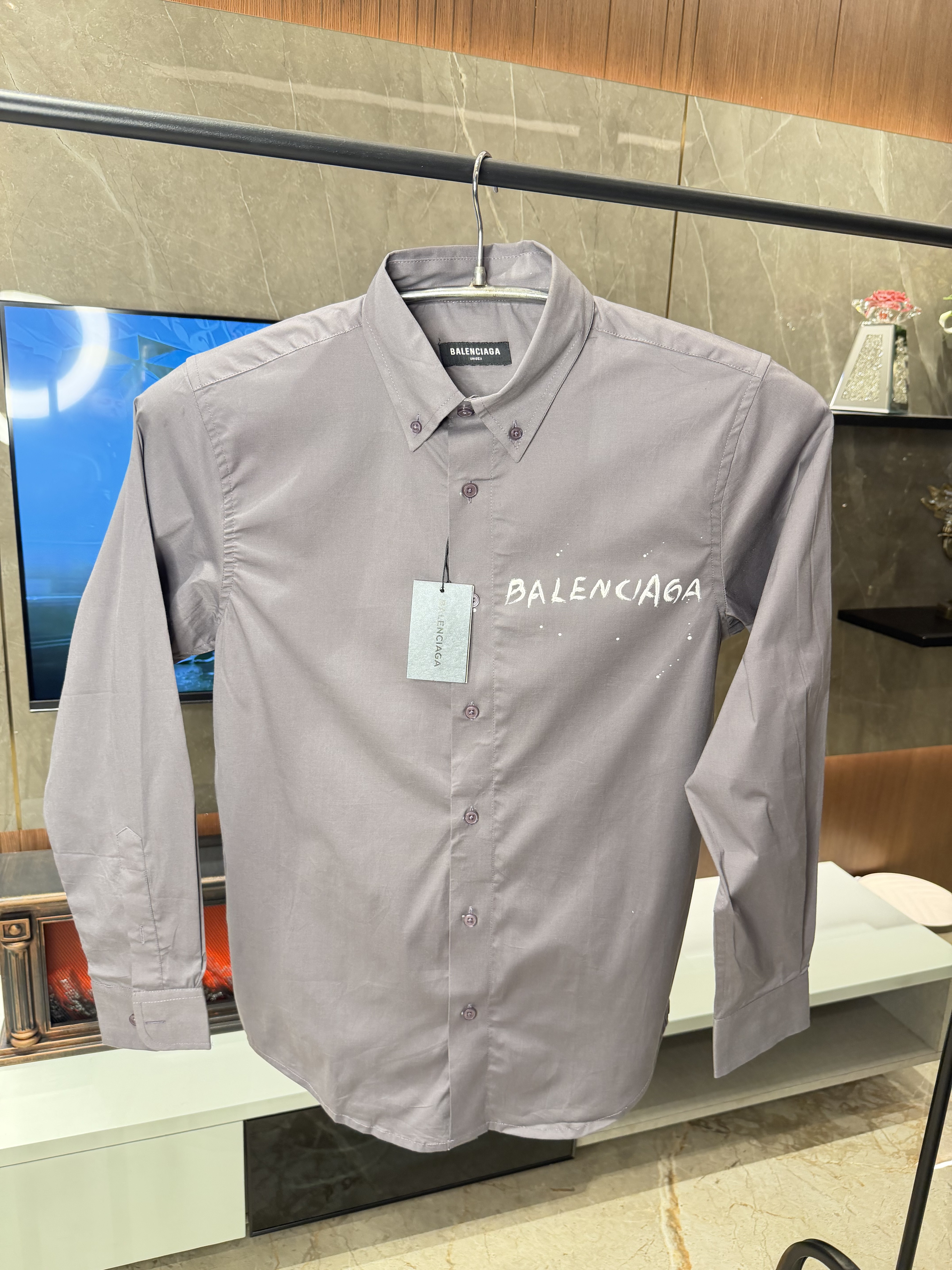 Balenciaga Light Purple Back printed oxford cotton shirt