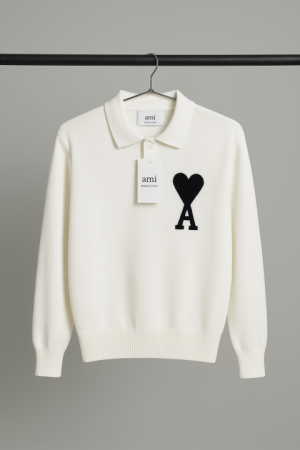 Ami Paris White Knitted Polo Full sleeves IMPORTED