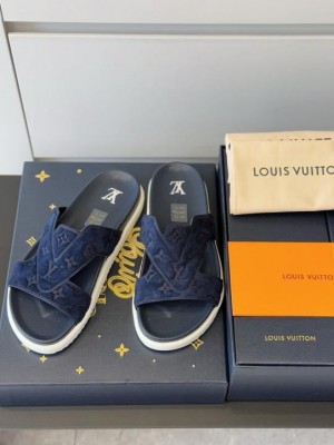 LOUIS VUITTON MONOGRAM SUEDE RIVIERA FLAT MULES IN NAVY BLUE LB