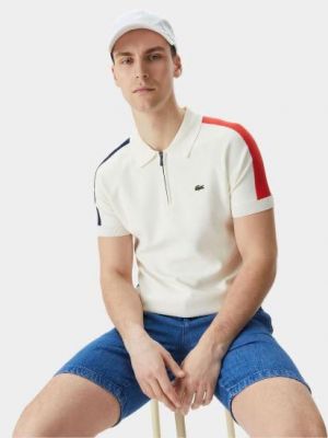 Lacost e White Premium Cotton Lycra Pique fabric Polo Tshirt with Shoulder Design and Embroidered Logo Zip Style 3388