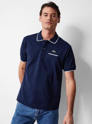 Lacost e Navy Premium Cotton Lycra Pique fabric Polo Tshirt with Collar Design and Embroidered Logo Pocket Style 3386