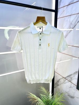 Ysl White Knitted Polo Premium Collar Neck T-shirt F3130-WH
