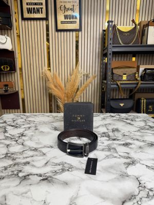 Tommy_Hilfiger Black Leather Belt with Signature Buckle (M16)