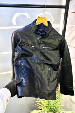 Louis_Vuitton Imported Allover Monogram Leather Super Premium Black Zipper Jacket F2272-BL