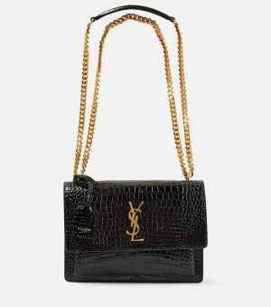 (YSL) Yves Saint Laurent Sunset In Black Golden Chain Crocodile-Embossed Damage Box 