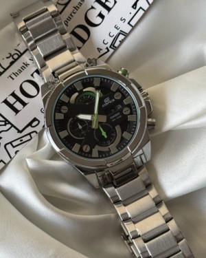 EDIFICE CASIO SILVER CHAIN BLACK DIAL CHRONOGRAPH WATCH