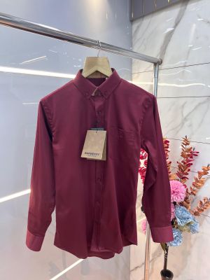 Burberr y Maroon Premium Imported Embroidered Logo Shirt with custom Branded Button Tagging And Brand Packing 3249