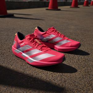 Adizero Adios 9 running shoe in the Lucid Red colorway.   